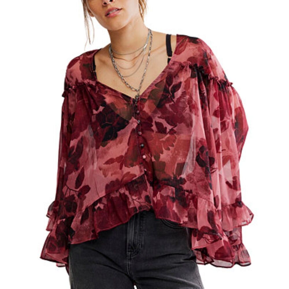 NWT Free People Day Dreaming ruffled chiffon blouse femme poet sheer